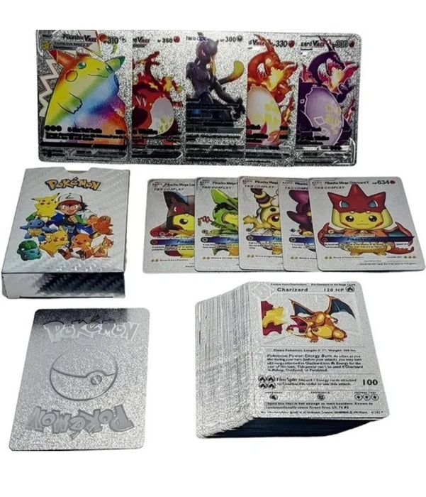 Pokemon Silver Foil Cards - PACK OF 55Pcs TCG Deck Silver Foil Assorted Cards GX