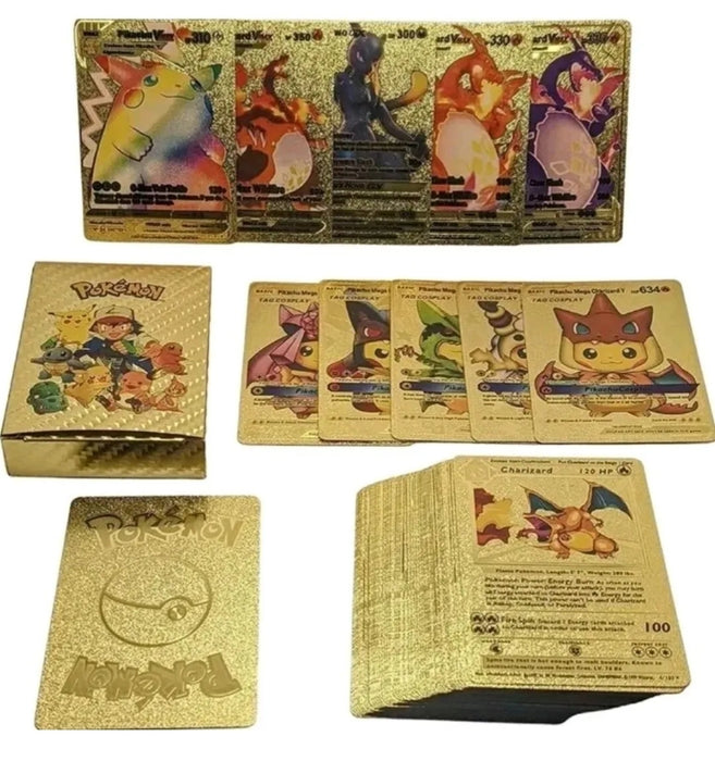 Pokemon Gold Foil Cards - PACK OF 55Pcs TCG Deck Gold Foil Assorted Cards GX V